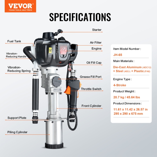 VEVOR 37.77cc Gas-Powered T Post Driver, 4-Stroke Engine Gasoline Fence Piling Pounder, with 3 Post Driving Head(45/55/88 mm) , 1000W Portable