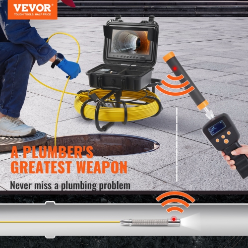 VEVOR 164 ft/50 m,Sewer Camera with 512Hz Locator, 9" Pipeline Inspection Camera with DVR Function, IP68 Camera with 12 Adjustable LEDs, A 16 GB SD