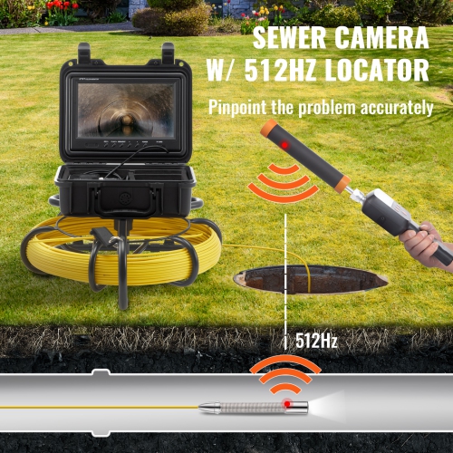 VEVOR 164 ft/50 m,Sewer Camera with 512Hz Locator, 9" Pipeline Inspection Camera with DVR Function, IP68 Camera with 12 Adjustable LEDs, A 16 GB SD
