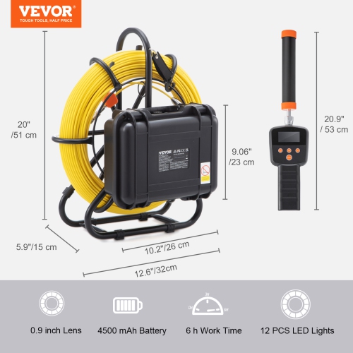 VEVOR 164 ft/50 m,Sewer Camera with 512Hz Locator, 9" Pipeline Inspection Camera with DVR Function, IP68 Camera with 12 Adjustable LEDs, A 16 GB SD
