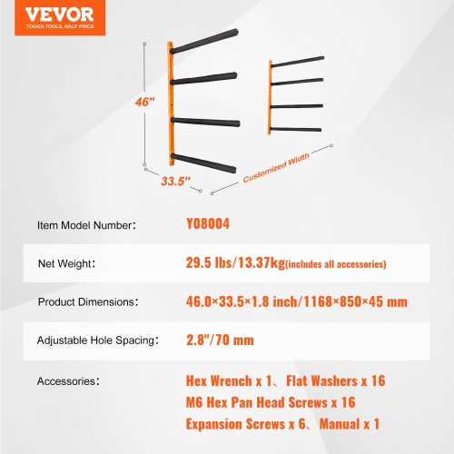 VEVOR 4-Capacity Wall Kayak Storage Rack,Wall Mounted Kayak Holders for Kayak Canoe Paddle Board, Kayak Storage Hooks with Adjustable Padded Arms,