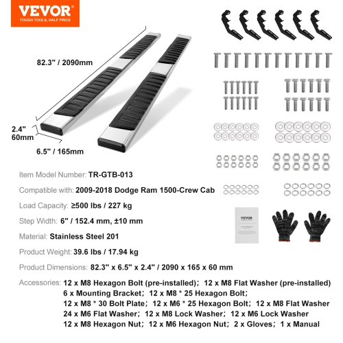 VEVOR 6" Running Boards, Compatible with 2009-2018 Dodge Ram 1500/2010-2023 Ram 2500/3500 Crew Cab, 201 Stainless Steel Side Steps Bars, 500LBS, 2 PCS