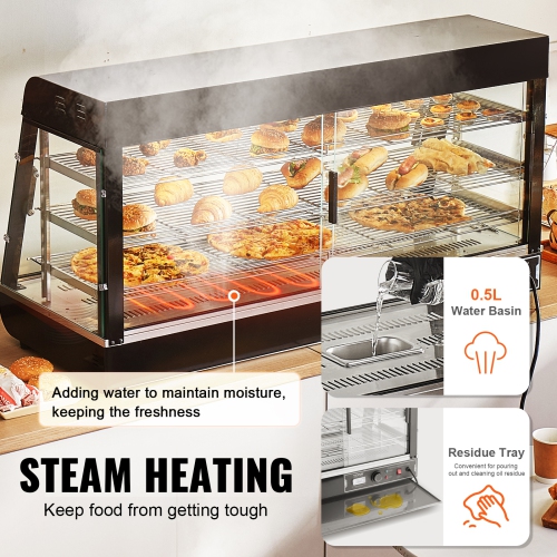 VEVOR 3-Tier Commercial Food Warmer Display, 1500W Food Display Warmer with Light, Adjustable Shelf and Temperature Display, 86℉~185℉ Steam Heating,