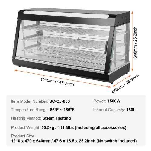 VEVOR 3-Tier Commercial Food Warmer Display, 1500W Food Display Warmer with Light, Adjustable Shelf and Temperature Display, 86℉~185℉ Steam Heating,