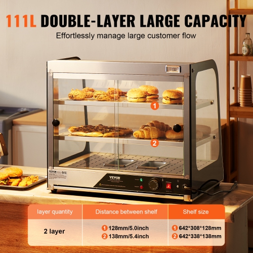 VEVOR 2-Tier Commercial Food Warmer Display, 850W Food Display Warmer w/ Tempered Glass and Steam Heating, 86℉~185℉ Temperature Control, 111L Large