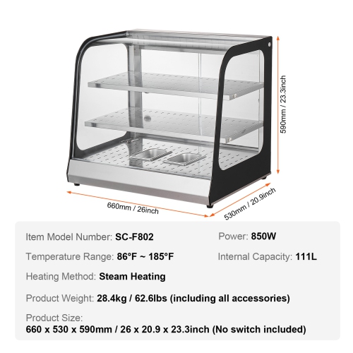 VEVOR 2-Tier Commercial Food Warmer Display, 850W Food Display Warmer w/ Tempered Glass and Steam Heating, 86℉~185℉ Temperature Control, 111L Large
