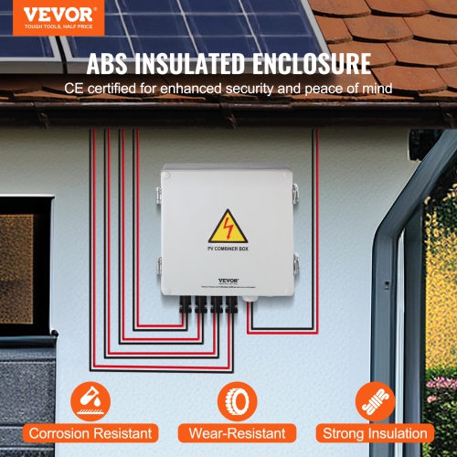 VEVOR 4 String, Solar PV Combiner Box with 10A Rated Fuse 63A Circuit Breaker Lightning Arrester and Solar Connector, ABS Plastic Case for On / Off