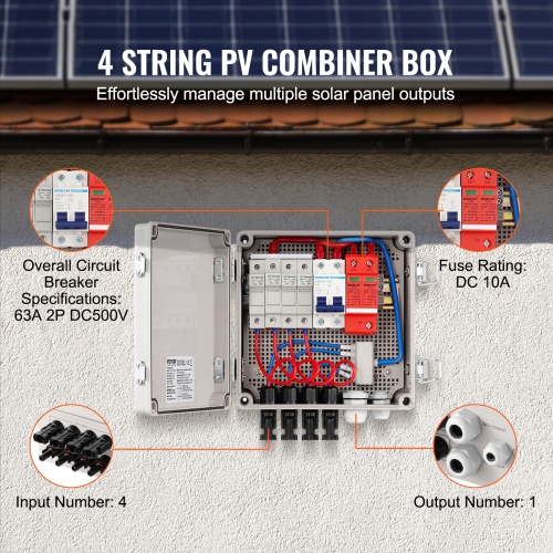 VEVOR 4 String, Solar PV Combiner Box with 10A Rated Fuse 63A Circuit Breaker Lightning Arrester and Solar Connector, ABS Plastic Case for On / Off