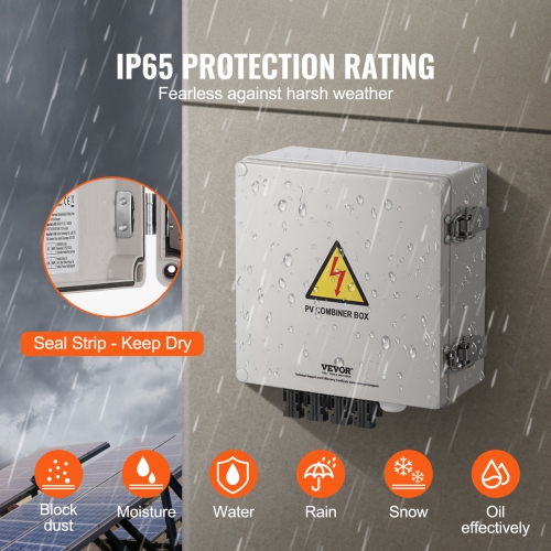 VEVOR 4 String, Solar PV Combiner Box with 10A Rated Fuse 63A Circuit Breaker Lightning Arrester and Solar Connector, ABS Plastic Case for On / Off