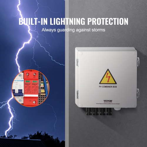 VEVOR 4 String, Solar PV Combiner Box with 10A Rated Fuse 63A Circuit Breaker Lightning Arrester and Solar Connector, ABS Plastic Case for On / Off