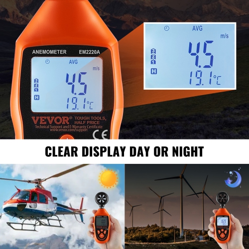 VEVOR 14℉-113℉ Temperature Range， Anemometer,with LED Backlit Display, Captures Wind Speed, Temperature, Air Volume, and Chill Factor, Ideal for