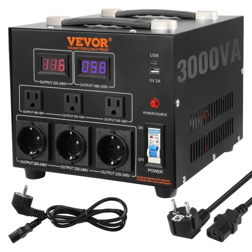 VEVOR 3000W, Power Converter, Durable Step Up/Down Unit, Switches between 110V and 220V, Includes US and EU Outlets plus 5V USB, CE Approved
