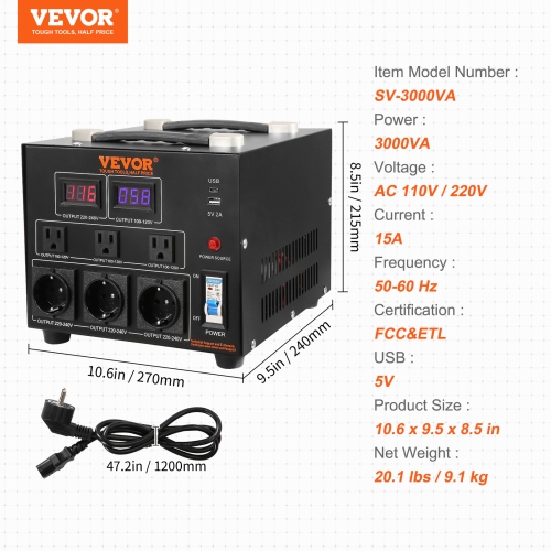 VEVOR 3000W, Power Converter, Durable Step Up/Down Unit, Switches between 110V and 220V, Includes US and EU Outlets plus 5V USB, CE Approved