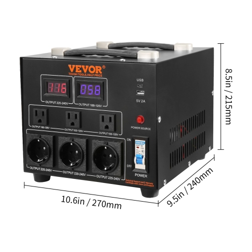 VEVOR 3000W, Power Converter, Durable Step Up/Down Unit, Switches between 110V and 220V, Includes US and EU Outlets plus 5V USB, CE Approved