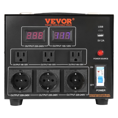 VEVOR 3000W, Power Converter, Durable Step Up/Down Unit, Switches between 110V and 220V, Includes US and EU Outlets plus 5V USB, CE Approved