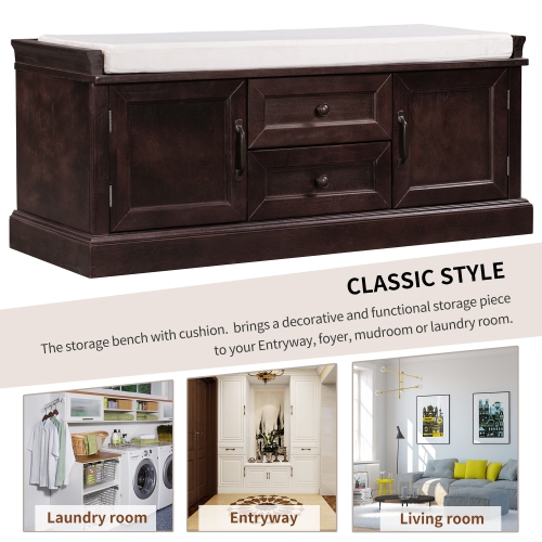 YOULIGHTS Storage Bench with Adjustable Shelves and 4 Doors, Shoe Bench with Removable Cushion for Entryway Hallway Foyer Living Room Bedroom, Shoe