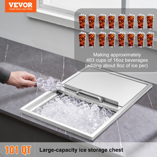 VEVOR 27"L x 18"W x 21"H Drop in Ice Chest, Stainless Steel Ice Cooler, Commercial Ice Bin with Sliding Cover, 40.9 qt Outdoor Kitchen Ice Bar,