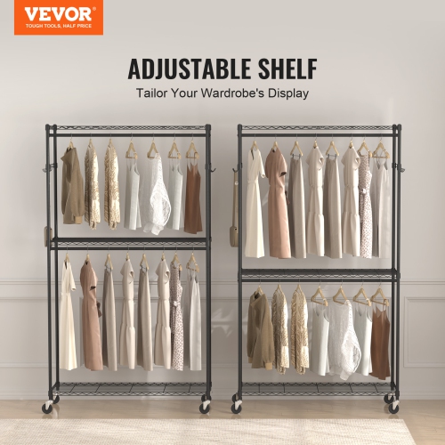 VEVOR 3 Storage Tiers Heavy Duty Clothes Rack, Rolling Clothing Garment Rack, 2 Rods and 2 Pairs Side Hooks, Adjustable Height Clothing Rack Closet,