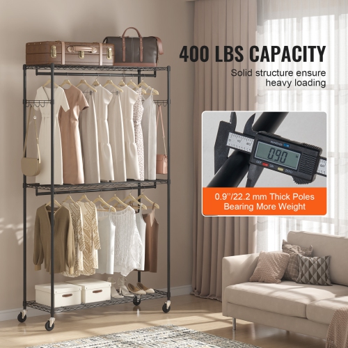 VEVOR 3 Storage Tiers Heavy Duty Clothes Rack, Rolling Clothing Garment Rack, 2 Rods and 2 Pairs Side Hooks, Adjustable Height Clothing Rack Closet,