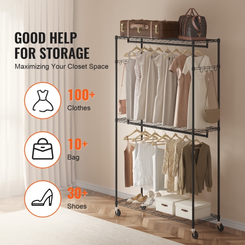 VEVOR 3 Storage Tiers Heavy Duty Clothes Rack, Rolling Clothing Garment Rack, 2 Rods and 2 Pairs Side Hooks, Adjustable Height Clothing Rack Closet,