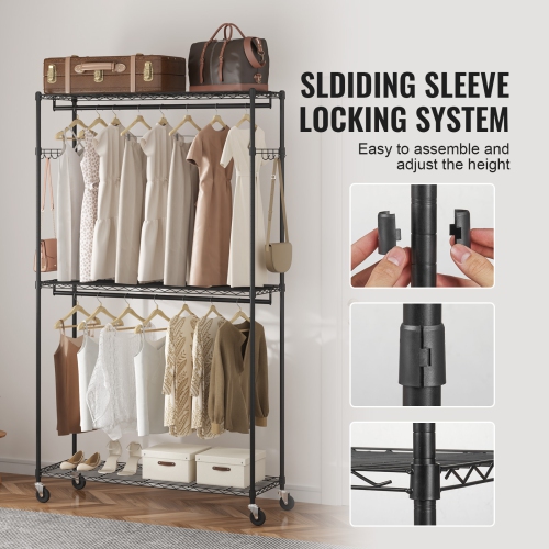 VEVOR 3 Storage Tiers Heavy Duty Clothes Rack, Rolling Clothing Garment Rack, 2 Rods and 2 Pairs Side Hooks, Adjustable Height Clothing Rack Closet,