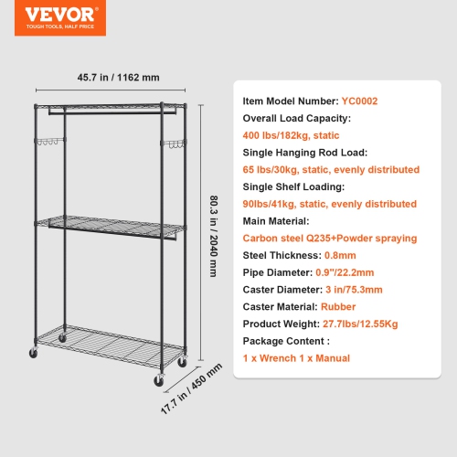 VEVOR 3 Storage Tiers Heavy Duty Clothes Rack, Rolling Clothing Garment Rack, 2 Rods and 2 Pairs Side Hooks, Adjustable Height Clothing Rack Closet,