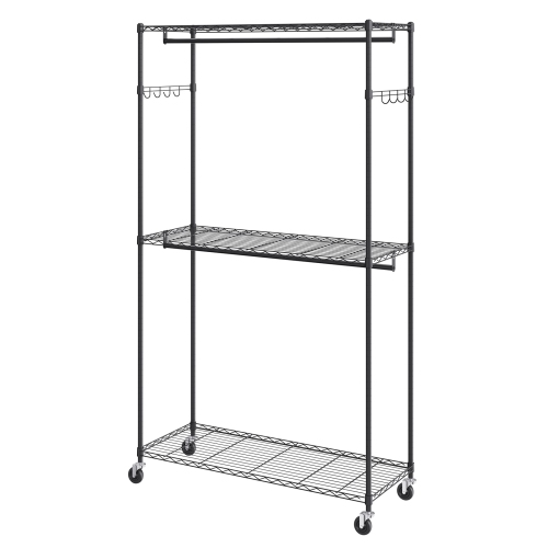 VEVOR 3 Storage Tiers Heavy Duty Clothes Rack, Rolling Clothing Garment Rack, 2 Rods and 2 Pairs Side Hooks, Adjustable Height Clothing Rack Closet,