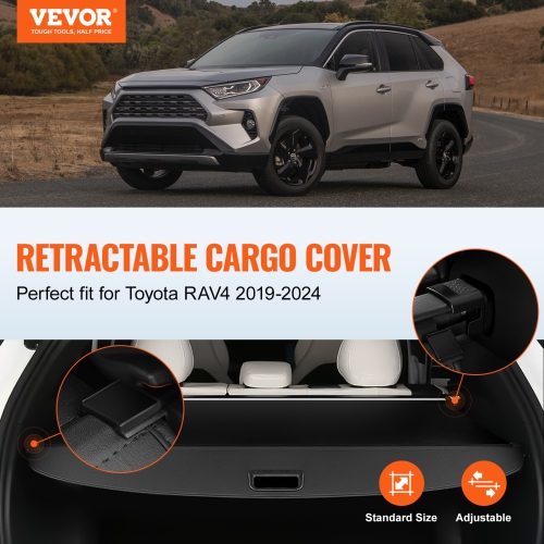 VEVOR Retractable Cargo Cover for Toyota, Upgraded Waterproof Trunk Cover Security Shield Shade for Toyota RAV4 2019-2024, UV Resistant Rear Trunk