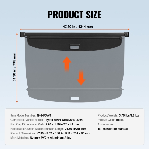 VEVOR Retractable Cargo Cover for Toyota, Upgraded Waterproof Trunk Cover Security Shield Shade for Toyota RAV4 2019-2024, UV Resistant Rear Trunk
