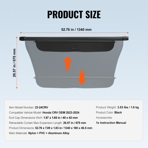 VEVOR Retractable Cargo Cover for Honda, Upgraded Waterproof Trunk Cover Security Shield Shade for Honda CRV 2023-2024, UV Resistant Rear Trunk Cover