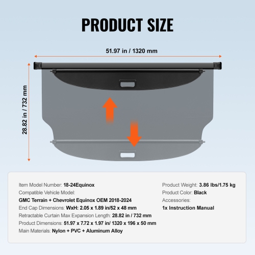 VEVOR Retractable Cargo Cover for Chevrolet, Waterproof Trunk Cover Security Shield Shade for GMC Terrain + Chevrolet Equinox 2018-2024, UV Resistant