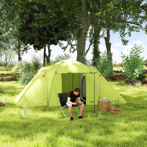 Outsunny 4-6 Person Camping Tent, 2000mm Waterproof Tunnel Tent with 2 Bedrooms, Living Area, Vestibule, Lamp Hook and 4 Doors, Portable with Carry