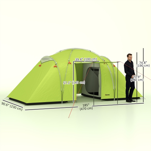 Outsunny 4-6 Person Camping Tent, 2000mm Waterproof Tunnel Tent with 2 Bedrooms, Living Area, Vestibule, Lamp Hook and 4 Doors, Portable with Carry