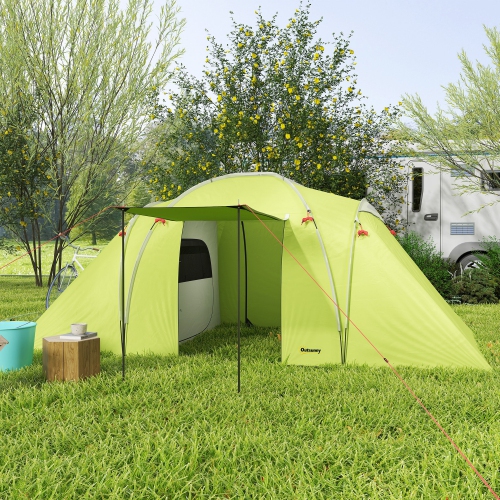 Outsunny 4-6 Person Camping Tent, 2000mm Waterproof Tunnel Tent with 2 Bedrooms, Living Area, Vestibule, Lamp Hook and 4 Doors, Portable with Carry