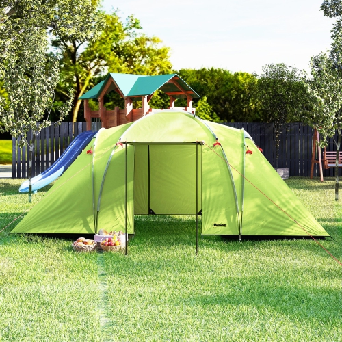 Outsunny 4-6 Person Camping Tent, 2000mm Waterproof Tunnel Tent with 2 Bedrooms, Living Area, Vestibule, Lamp Hook and 4 Doors, Portable with Carry