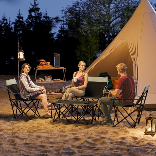 Outsunny 4 Piece Portable Camping Table and Chairs, Folding Picnic Table with Camping Chairs Set of 4, Outdoor Lawn Chair Set with Table, Cup Holders