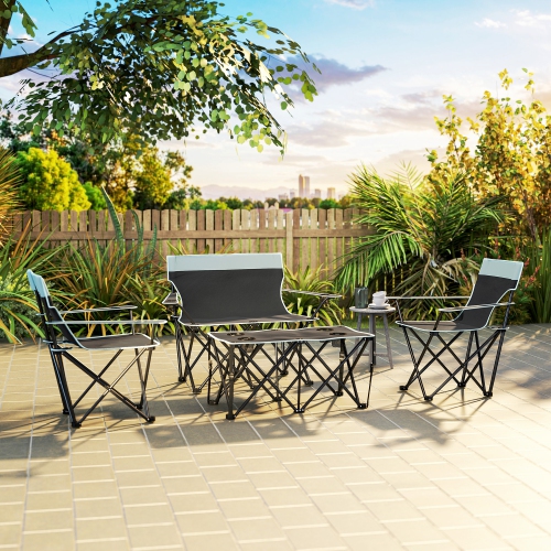 Outsunny 4 Piece Portable Camping Table and Chairs, Folding Picnic Table with Camping Chairs Set of 4, Outdoor Lawn Chair Set with Table, Cup Holders