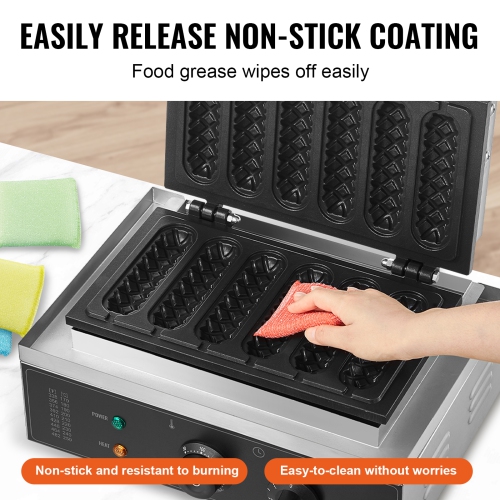 VEVOR 6PCS Commercial Waffle Stick Maker, 1500W Waffle Baker Machine, Non-Stick Stainless Steel Corn Hot Dog Waffle Iron with Temp and Time Control,