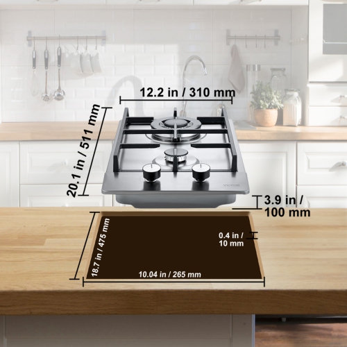 VEVOR 12 inch Gas Cooktop, Max 12250BTU 2 Burners Built-in Stainless Steel Gas Stove Top, LPG/NG Convertible Dual Fuel Natural Gas Hob with