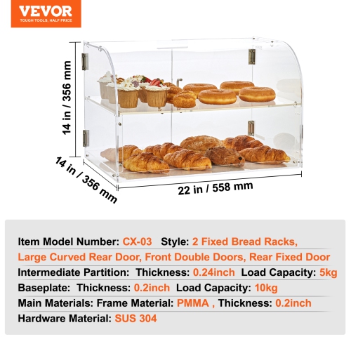 VEVOR 2-Tier Pastry Display Case, Commercial Countertop Bakery Display Case, Acrylic Display Box with Rear Door Access & Removable Shelves, Keep