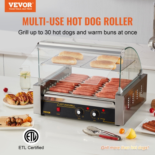 VEVOR 11 Rollers Hot Dog Roller, 30 Hot Dogs Capacity, 1650W Stainless Sausage Grill Cooker Machine with Dual Temp Control Glass Hood Acrylic Cover