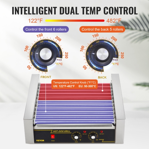 VEVOR 11 Rollers Hot Dog Roller, 30 Hot Dogs Capacity, 1650W Stainless Sausage Grill Cooker Machine with Dual Temp Control Glass Hood Acrylic Cover