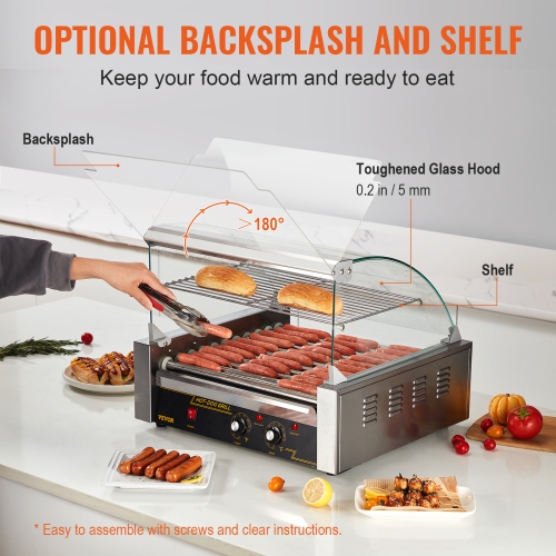 VEVOR 11 Rollers Hot Dog Roller, 30 Hot Dogs Capacity, 1650W Stainless Sausage Grill Cooker Machine with Dual Temp Control Glass Hood Acrylic Cover