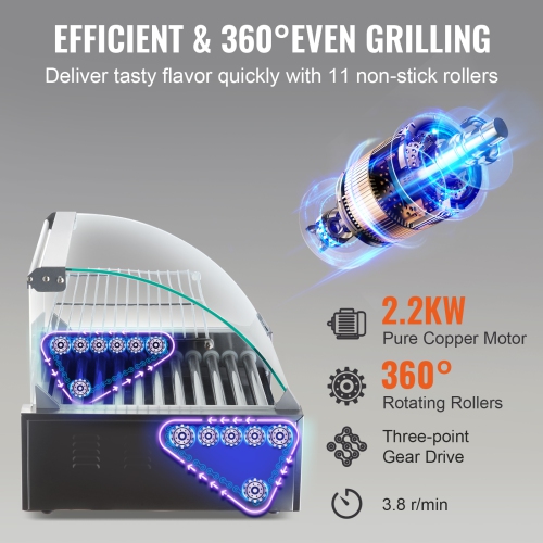 VEVOR 11 Rollers Hot Dog Roller, 30 Hot Dogs Capacity, 1650W Stainless Sausage Grill Cooker Machine with Dual Temp Control Glass Hood Acrylic Cover