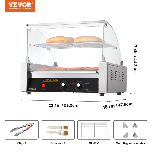 VEVOR 11 Rollers Hot Dog Roller, 30 Hot Dogs Capacity, 1650W Stainless Sausage Grill Cooker Machine with Dual Temp Control Glass Hood Acrylic Cover