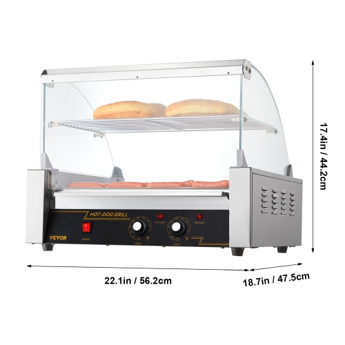 VEVOR 11 Rollers Hot Dog Roller, 30 Hot Dogs Capacity, 1650W Stainless Sausage Grill Cooker Machine with Dual Temp Control Glass Hood Acrylic Cover