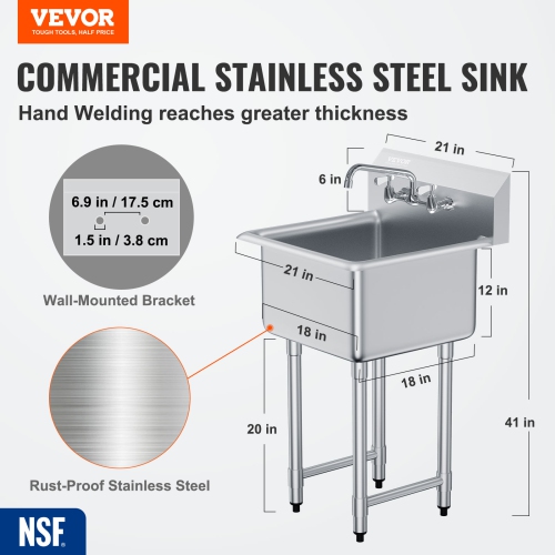 VEVOR 21"x41" Stainless Steel Prep & Utility Sink, 1 Compartment Free Standing Small Sink Include Faucet & legs, Commercial Single Bowl Sinks for