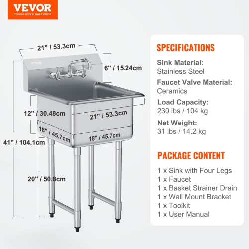 VEVOR 21"x41" Stainless Steel Prep & Utility Sink, 1 Compartment Free Standing Small Sink Include Faucet & legs, Commercial Single Bowl Sinks for