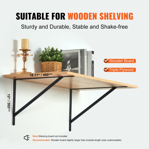 VEVOR 18 x 12 in 12 Pcs Shelf Bracket,Heavy Duty Floating Shelf Brackets,Brackets for Shelves,3mm Thick Matte Black Triangle Shelf Bracket,Steel