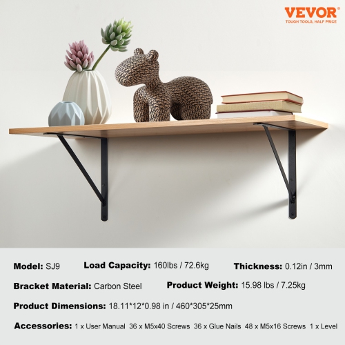 VEVOR 18 x 12 in 12 Pcs Shelf Bracket,Heavy Duty Floating Shelf Brackets,Brackets for Shelves,3mm Thick Matte Black Triangle Shelf Bracket,Steel